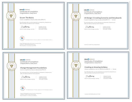 Certificates for various recent trainings